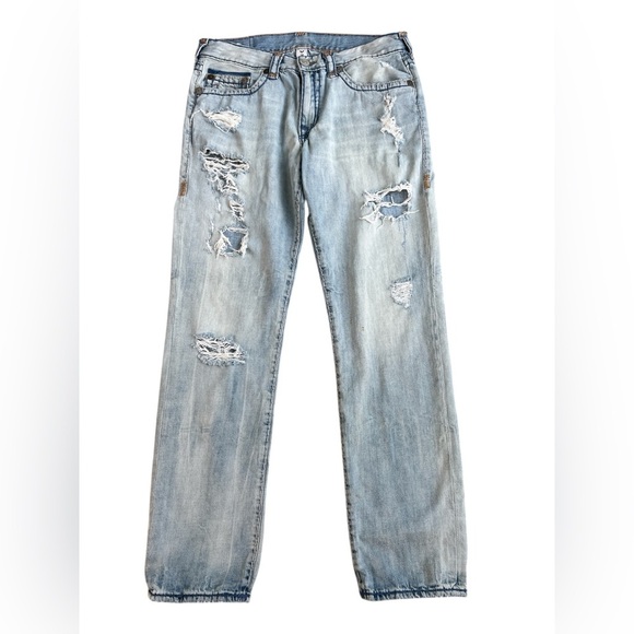 True Religion Athletic Geno Relaxed Slim Blue Straight Jeans Distressed - Picture 12 of 12